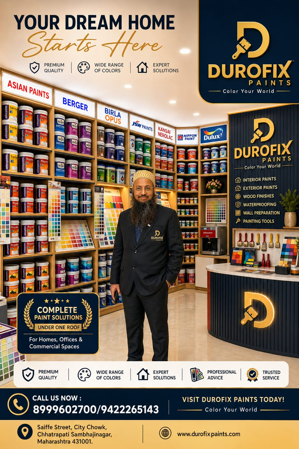 Durofix showroom — Asian Paints display and the full paint range